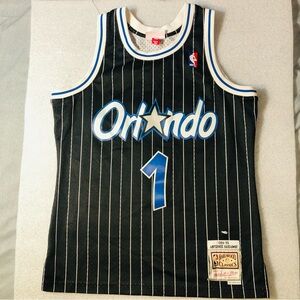 Mitchell & Ness Orlando Magic Pinstripe Black Blue #1 Jersey
